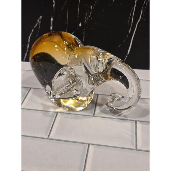 Art Glass Elephant Sculpture/Paperweight Heavy Murano Style Clear & Amber GUC - Picture 4 of 13